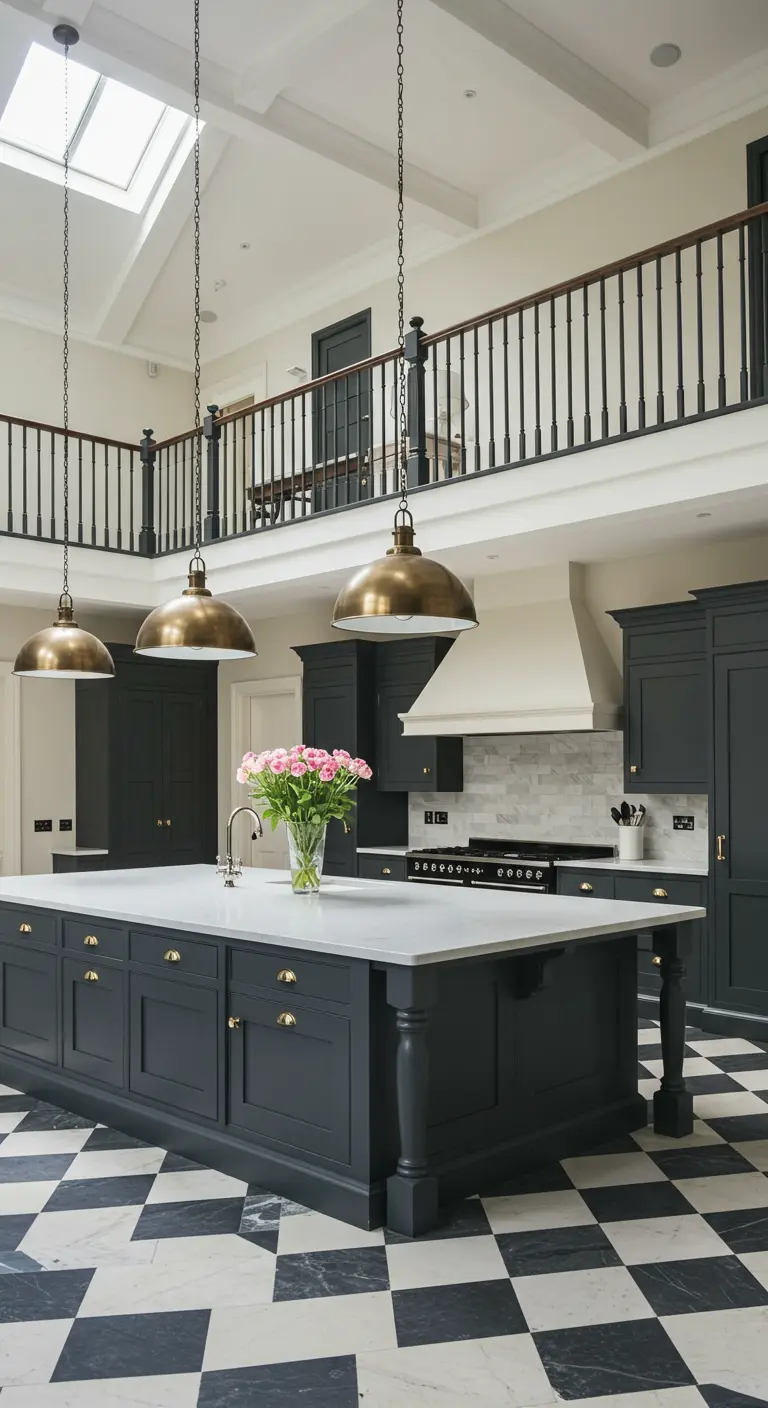 A grand, double-height kitchen with dark cabinets, large brass pendants, and a mezzanine.