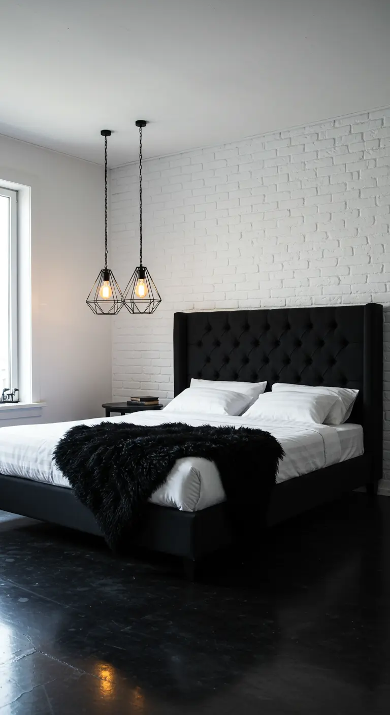A high-contrast bedroom with a white brick wall and a tall, black tufted headboard.