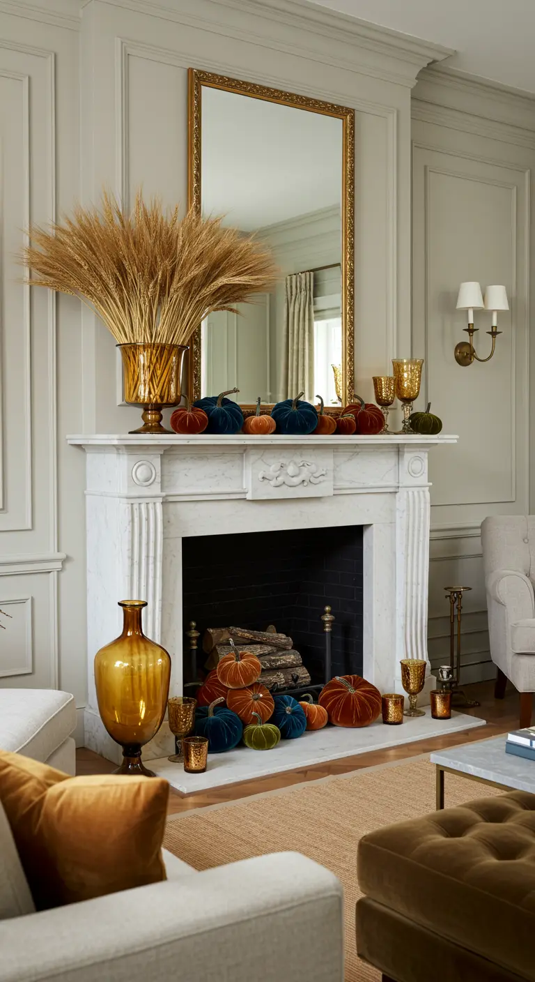 Marble fireplace decorated with a gold urn of wheat and a cascade of velvet pumpkins.