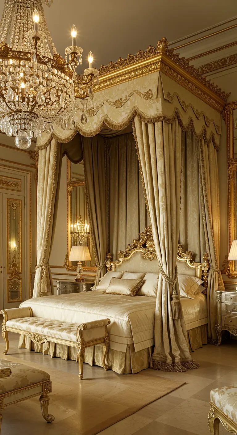 Opulent bedroom with a grand gilded canopy bed, heavy drapery, and a massive crystal chandelier.