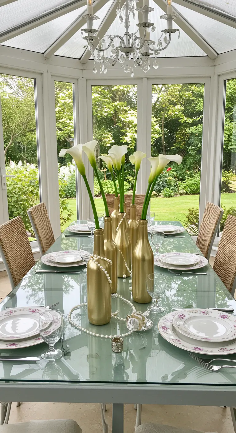 A centerpiece of gold spray-painted wine bottles holding white calla lilies, with pearls draped around them.