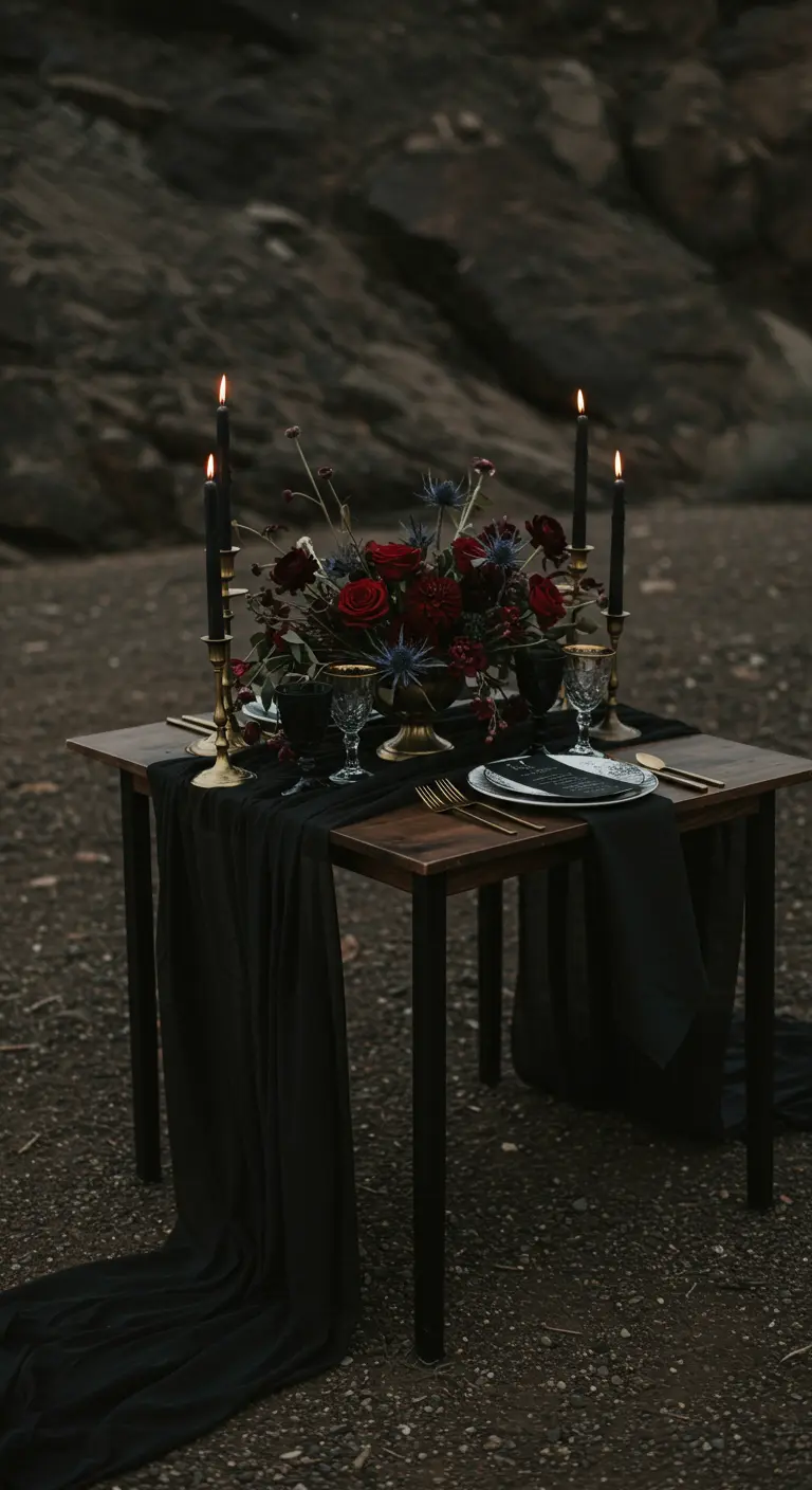 A moody tablescape with black linens, black candles, and dark red flowers.