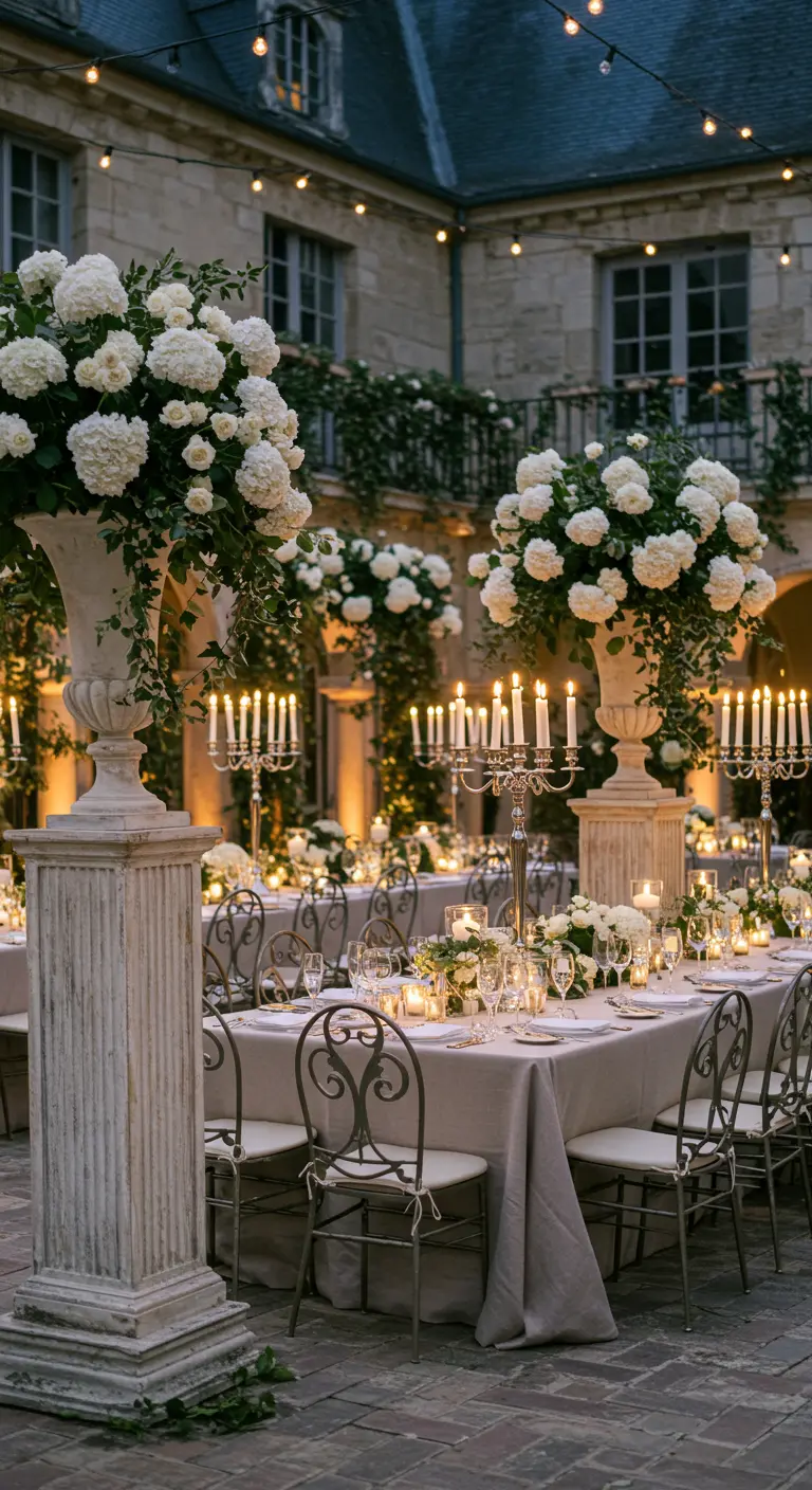 Lavish courtyard dinner with large white hydrangea urns and silver candelabras.