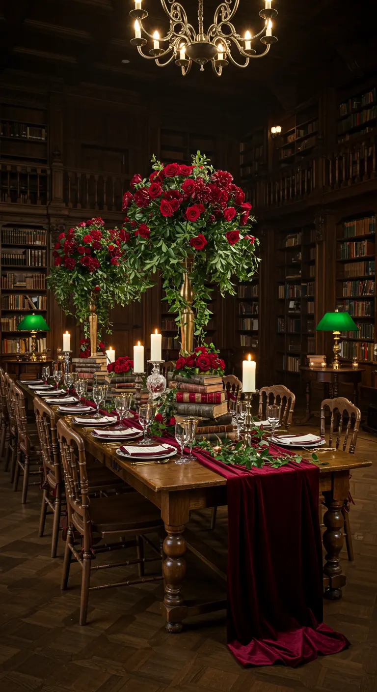 A long wooden dining table in a library with tall red rose centerpieces and candles.