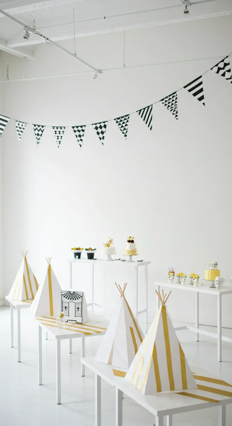 A minimalist party setup with white and gold striped tent centerpieces.