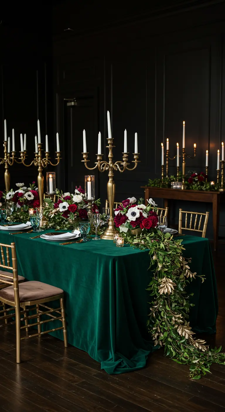 Opulent tablescape with an emerald velvet tablecloth, gold candelabras, and dramatic florals.