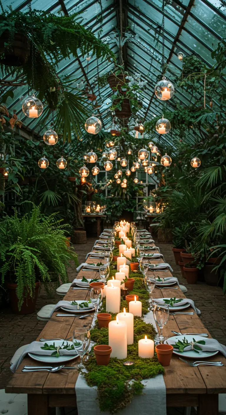 A long wooden table in a greenhouse with a moss runner and hanging glass candle orbs.