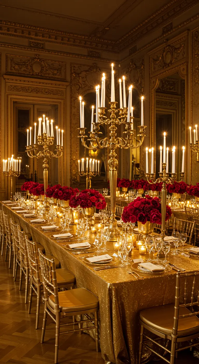 An opulent dining room with gold sequin tablecloths, gold candelabras, and red roses.