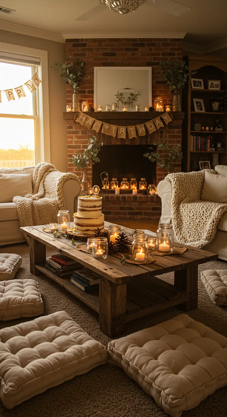 Cozy living room birthday setup with a fireplace, floor cushions, and a cake on the coffee table.