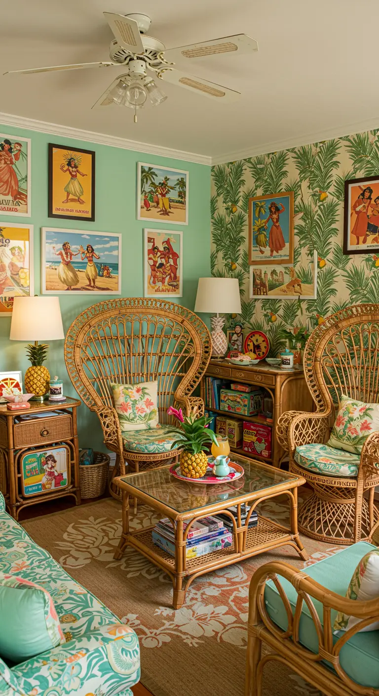 A retro-style living room with peacock chairs, bamboo furniture, and tiki art.