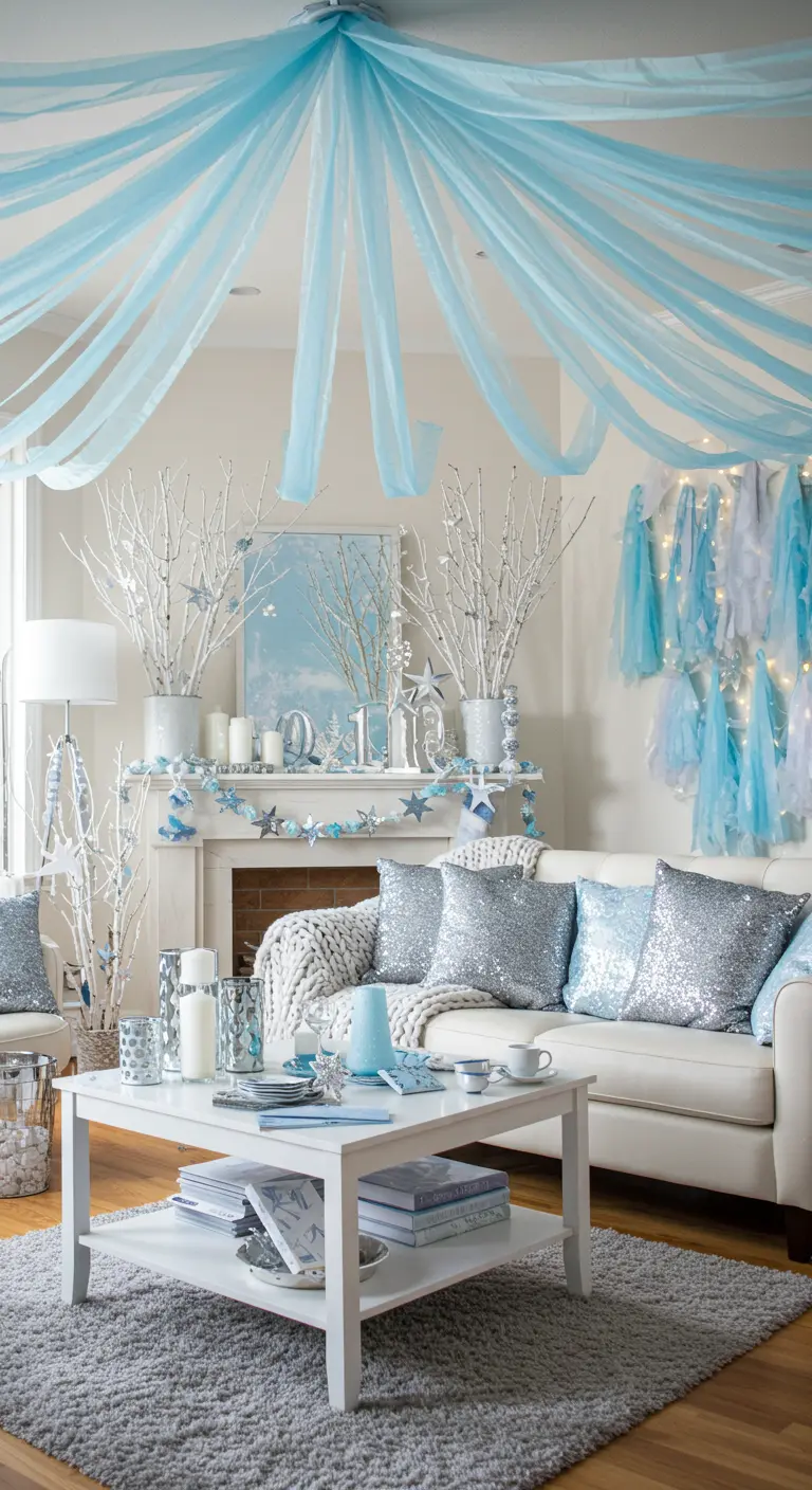 A living room decorated in an icy blue and silver winter wonderland theme.