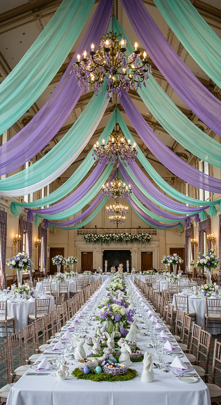 A large hall decorated with lavender and mint fabric draped from the ceiling.