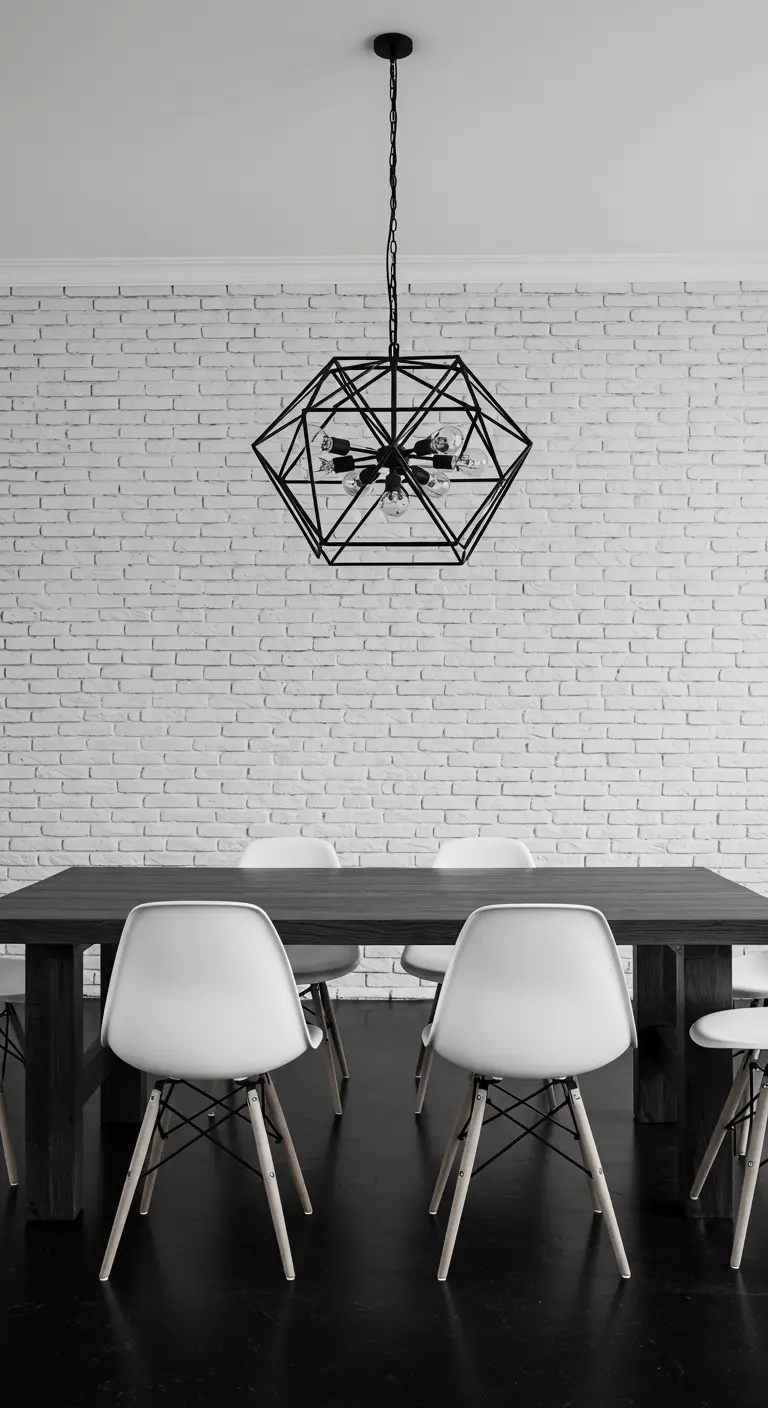 Monochrome dining room with a white brick wall, black table, and geometric chandelier.