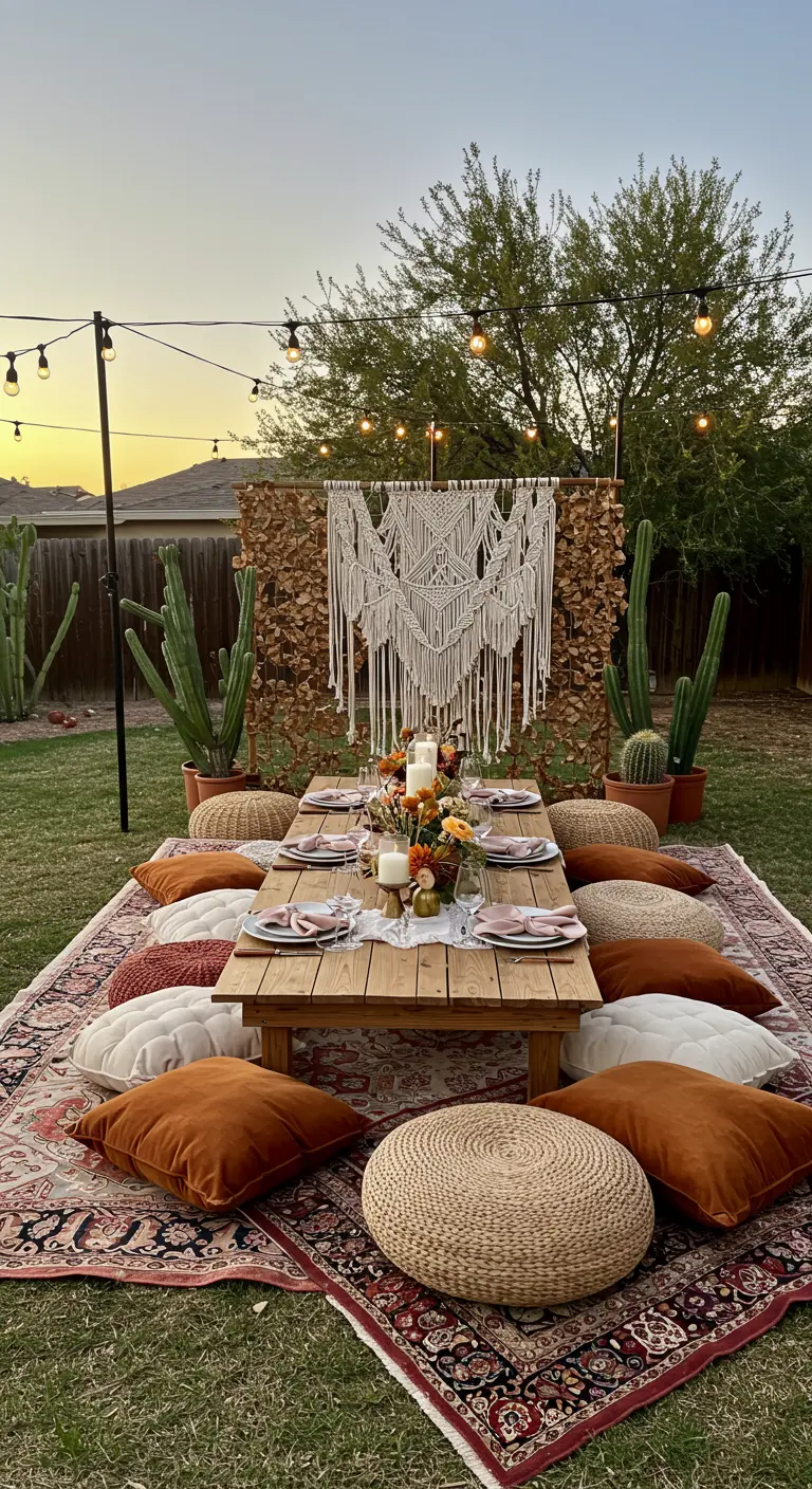 Bohemian picnic setup with low table, pillows, and a macrame backdrop in a backyard at sunset.