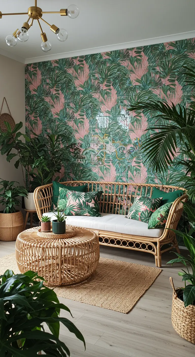 A vibrant living room with a rattan sofa and a bold pink and green tropical leaf wallpaper.