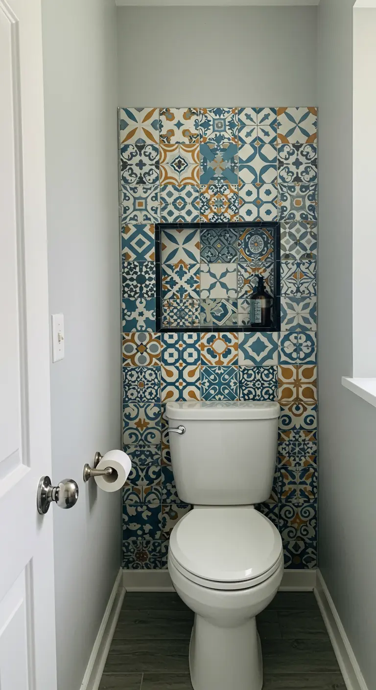 A patchwork of blue, white, and yellow Moroccan tiles on a powder room accent wall.