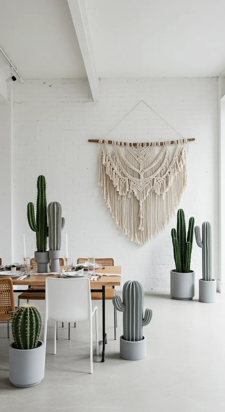 A minimalist white room with a large macrame wall hanging and modern faux cacti.