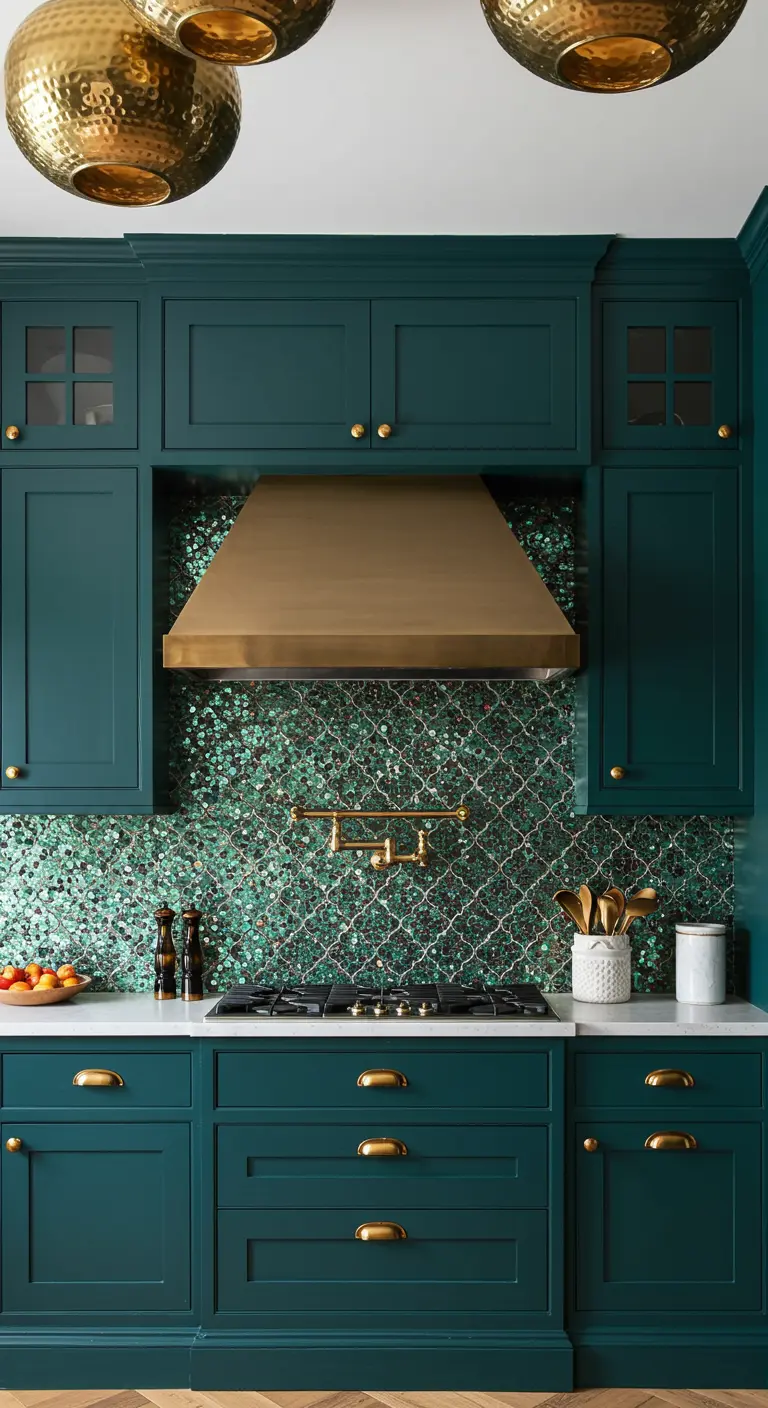 A dramatic kitchen with deep teal cabinets and a shimmering green mosaic tile backsplash.