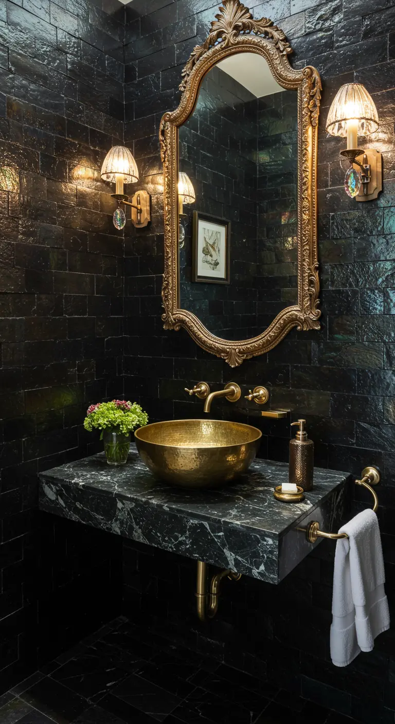Dramatic powder room with black slate walls, a gold vessel sink, and an ornate gilt mirror.