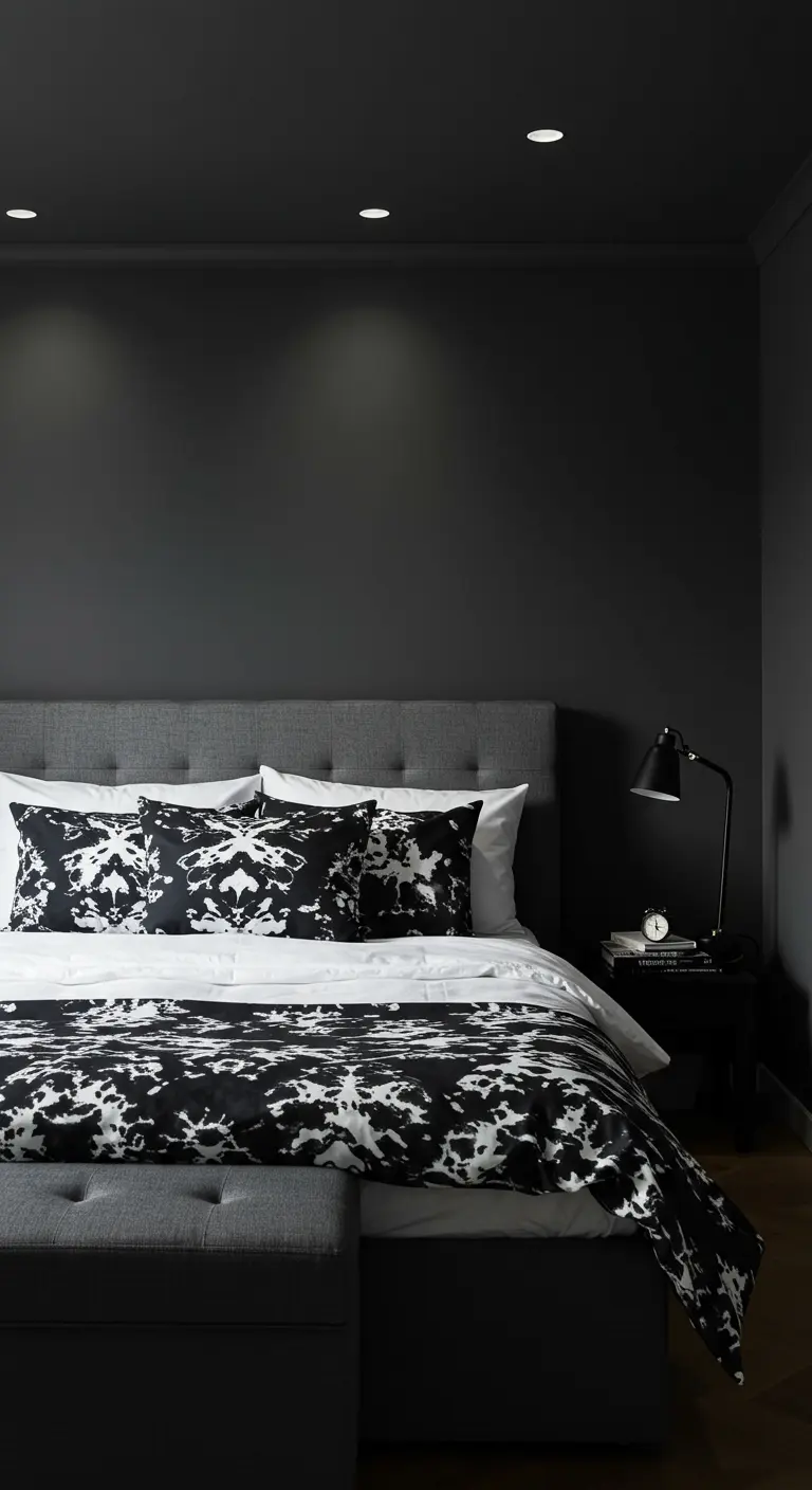 Moody dark bedroom with charcoal walls and a bed with a bold black and white floral duvet.