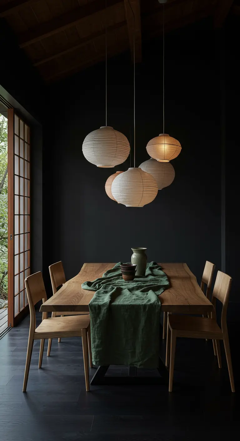 Dark Japandi dining room with a cluster of paper lanterns over an oak table.