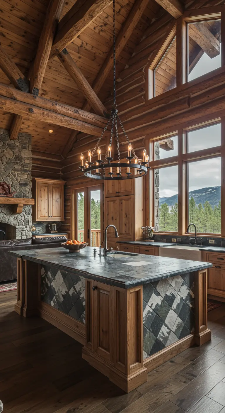 A log cabin kitchen with a large island clad in diagonal gray slate tiles.