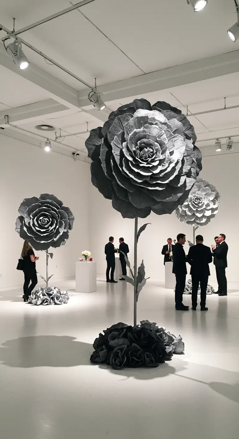 Giant, freestanding gray paper rose sculptures in a modern, white art gallery space.
