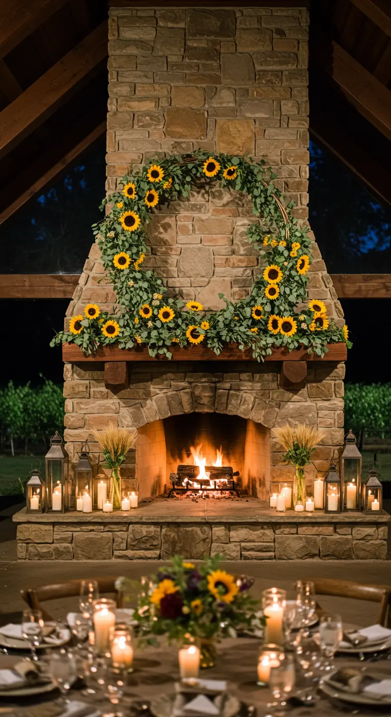 A large sunflower and eucalyptus wreath hangs over a cozy stone fireplace at an evening event.