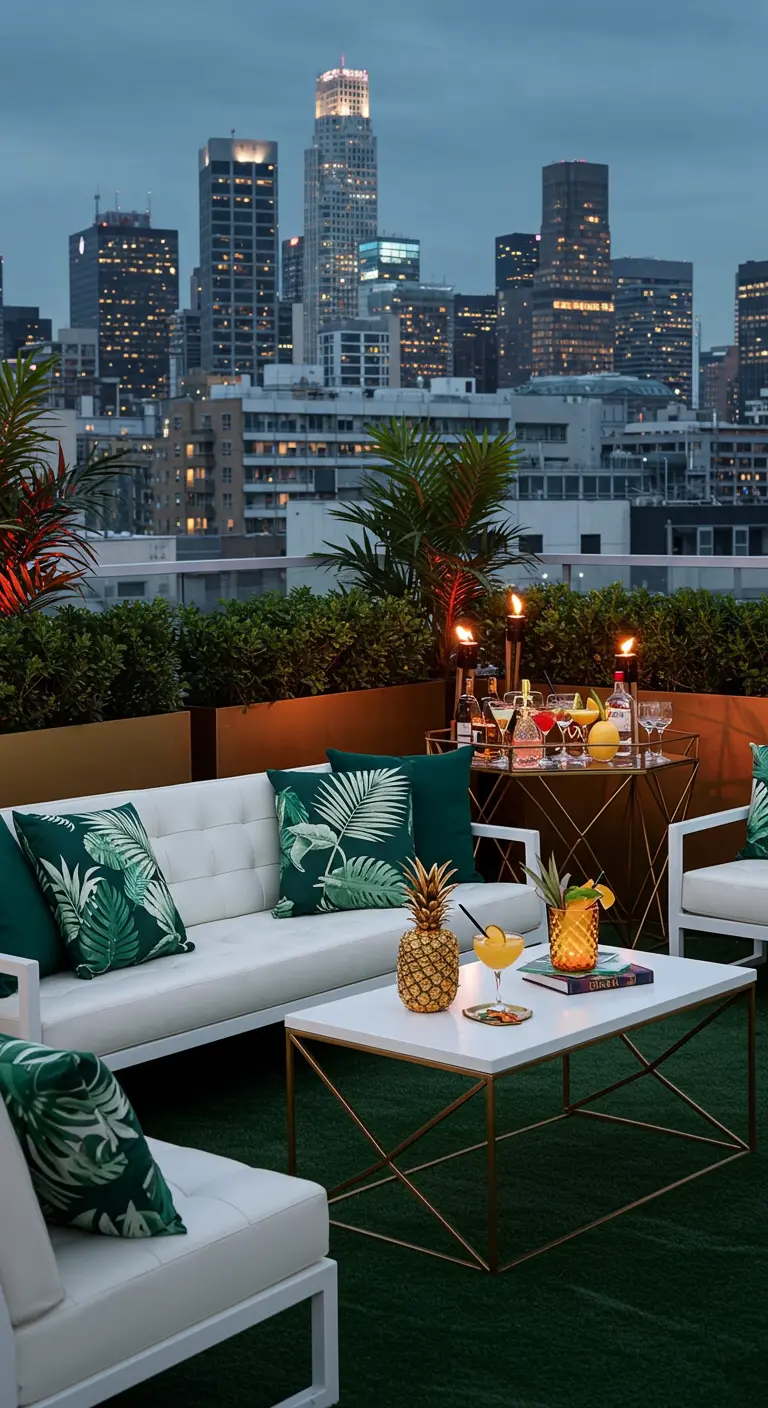 Modern rooftop patio with white sofas, palm print pillows, and a city skyline view.