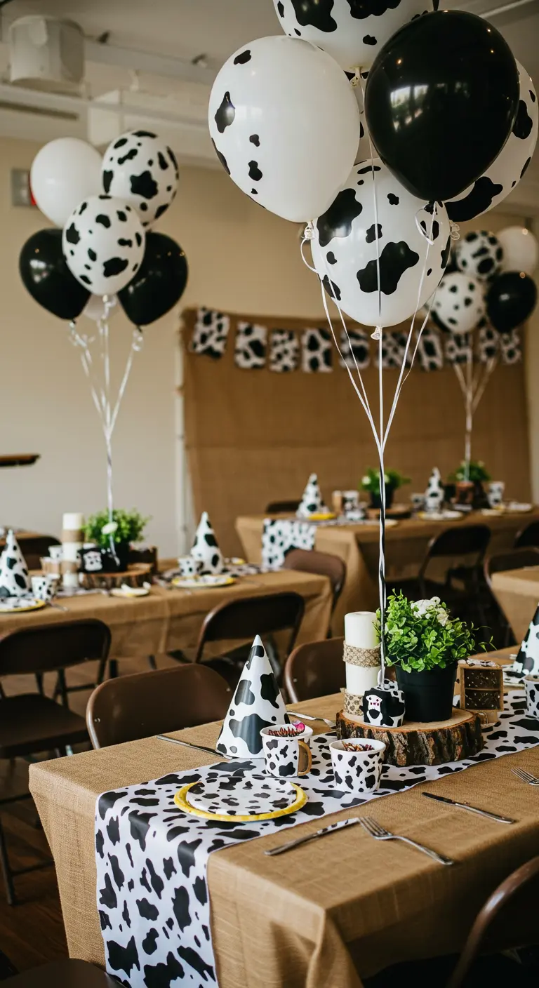 A party table decorated with a burlap tablecloth, cow-print runner, and matching accessories.