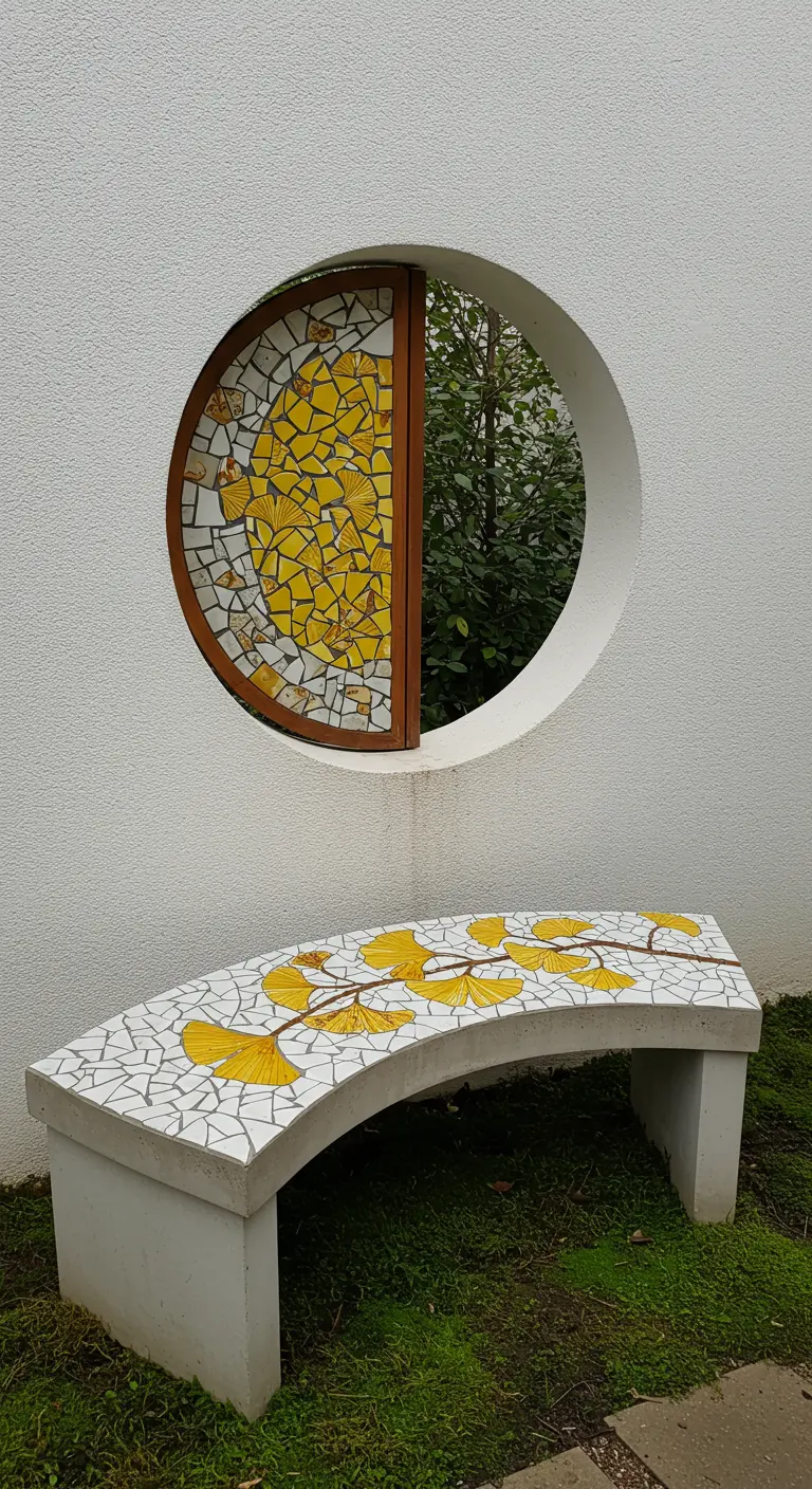 A curved white concrete bench with a yellow ginkgo leaf mosaic, placed below a circular window in a white wall.