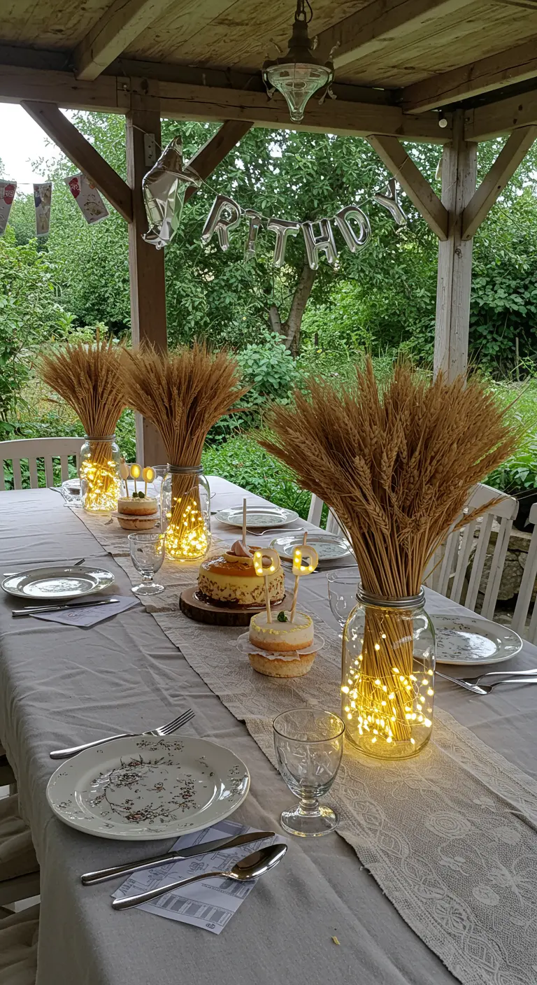Mason jars with fairy lights and bouquets of dried wheat on a table.