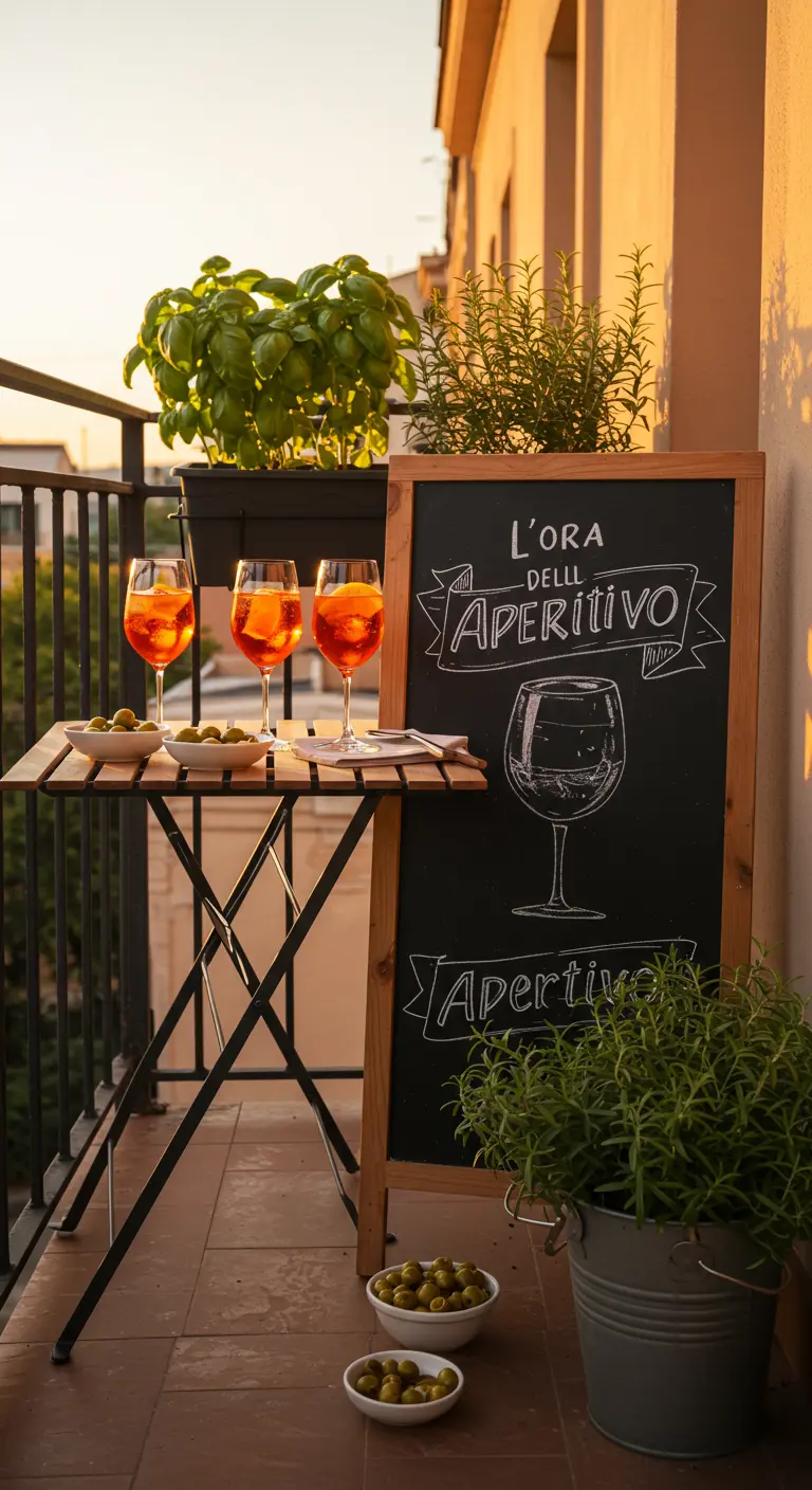 A balcony at sunset with glasses of Aperol Spritz, olives, and fresh rosemary plants.