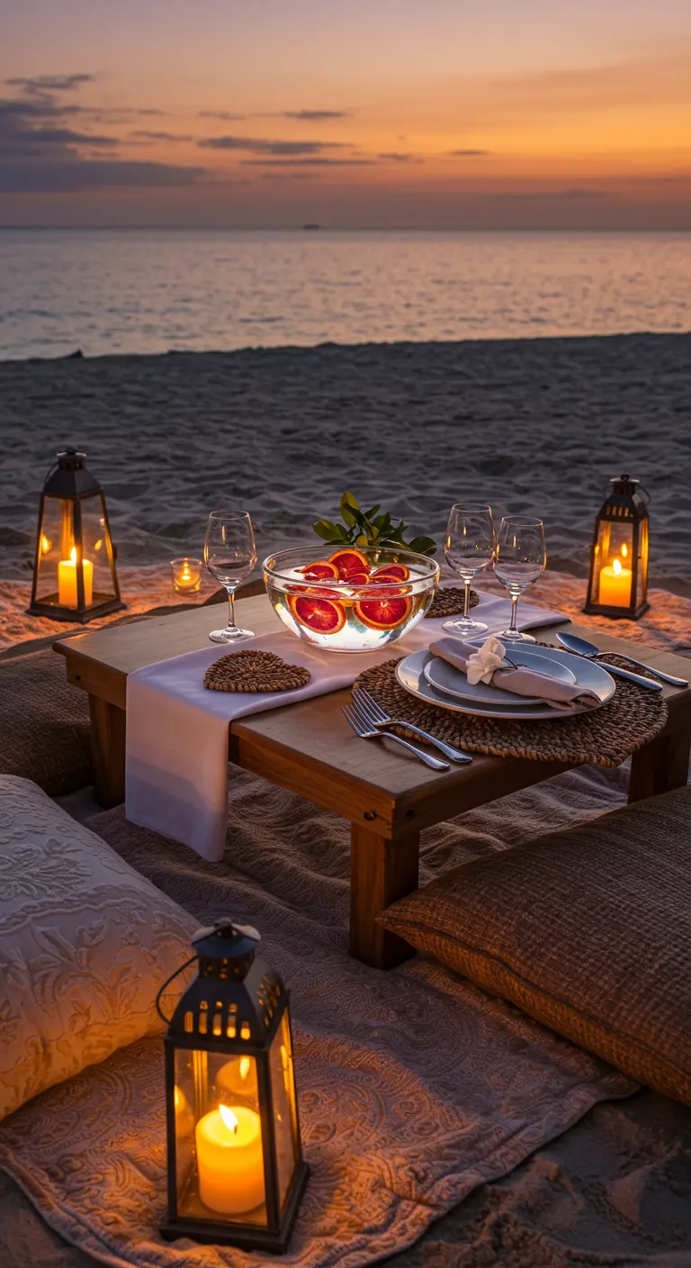 A romantic beach picnic at sunset with a bowl of floating blood orange slices and lanterns.