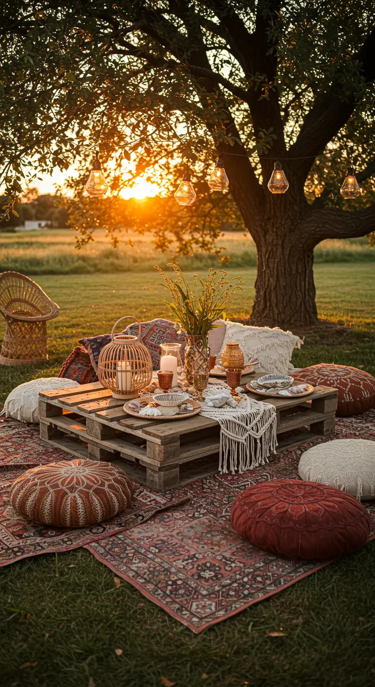 Bohemian picnic with a pallet table, layered rugs, cushions, and string lights at sunset.