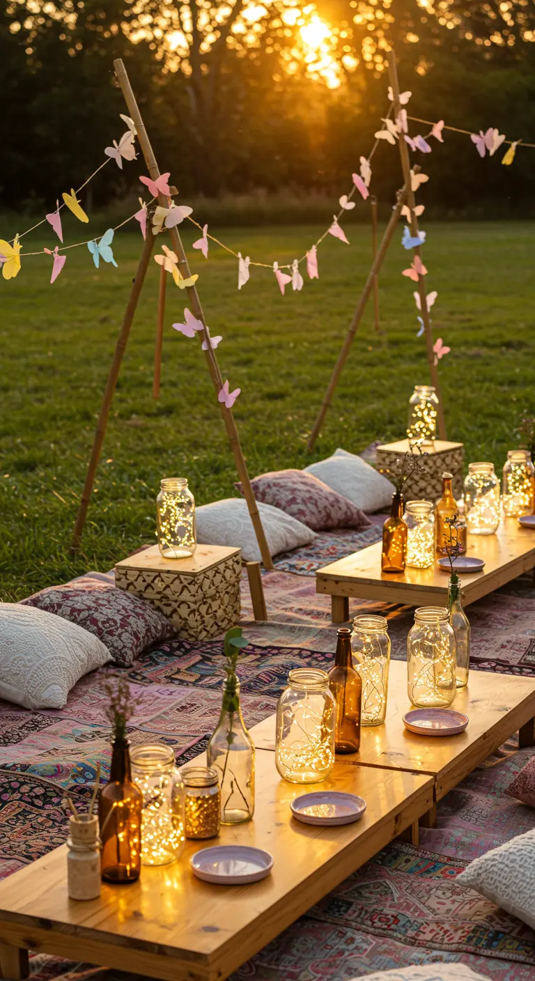 Boho sunset picnic with low tables, floor cushions, and a simple butterfly garland.
