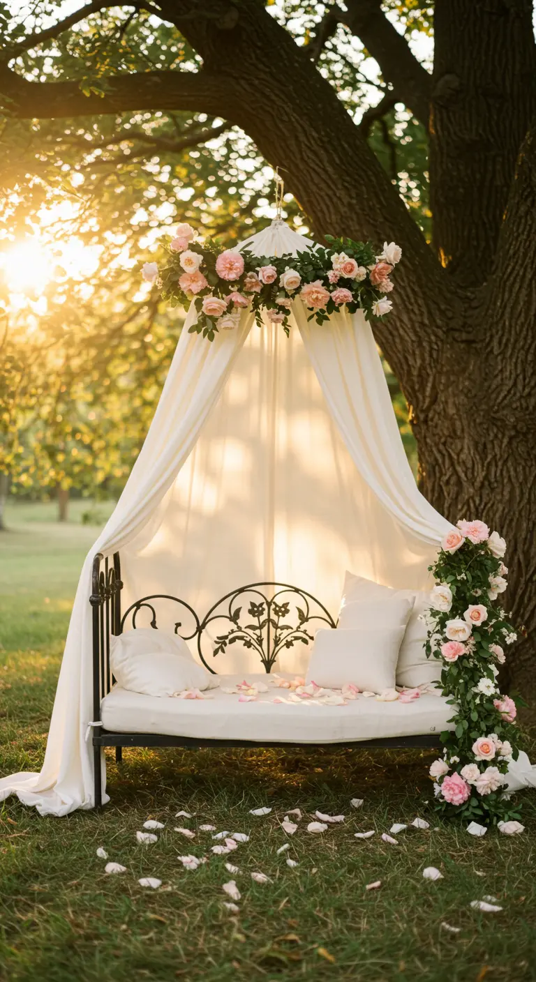 Wrought iron daybed under a tree with a fabric canopy and pink rose garland.