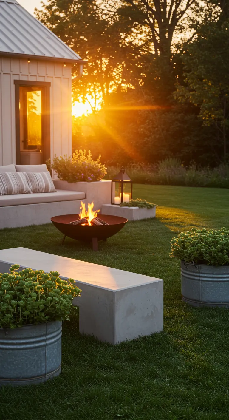 A concrete bench and fire pit on a lawn at sunset, flanked by succulents in galvanized tubs.