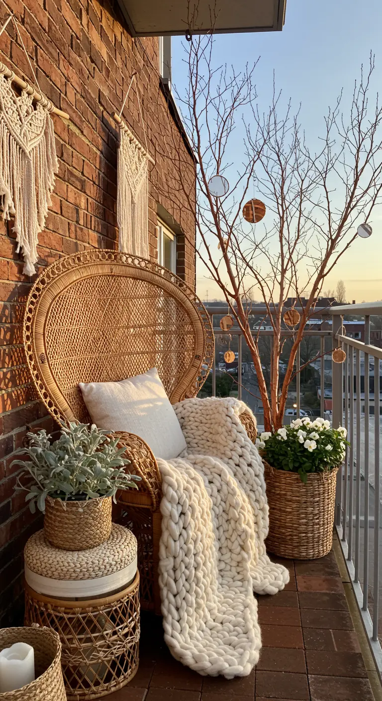 A cozy balcony with a rattan peacock chair, chunky blanket, and branches with hanging mirrors.