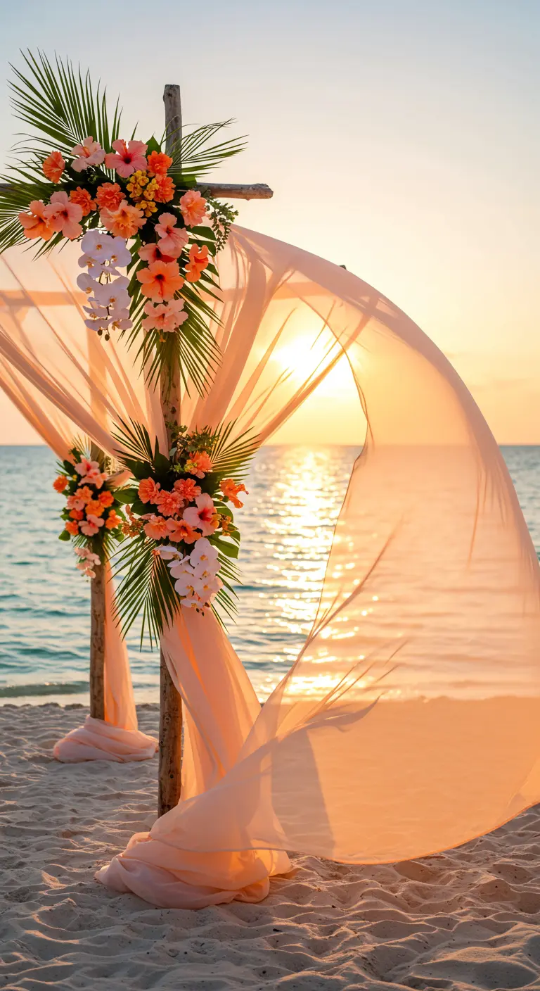 Peach wedding arch on a beach at sunset, with tulle blowing in the wind.