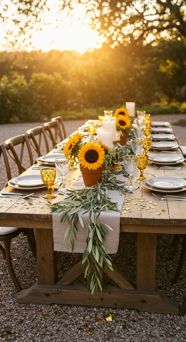 Rustic table with sunflowers and an olive branch garland at sunset.