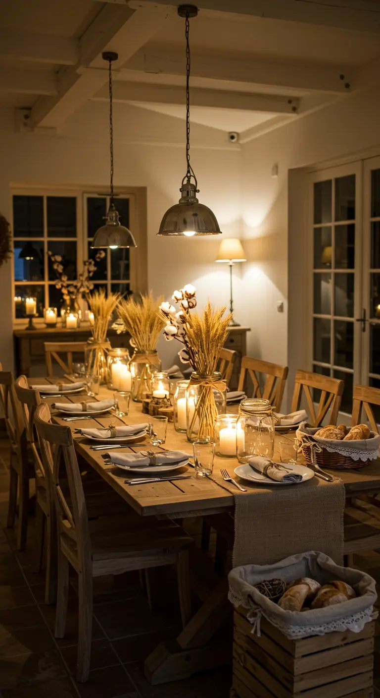 Cozy indoor dining table decorated with candles, glass jars filled with wheat, and cotton branches.