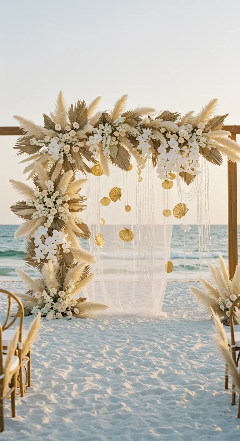 A beach wedding arch with pampas grass, white flowers, and hanging gold shells against an ocean view.