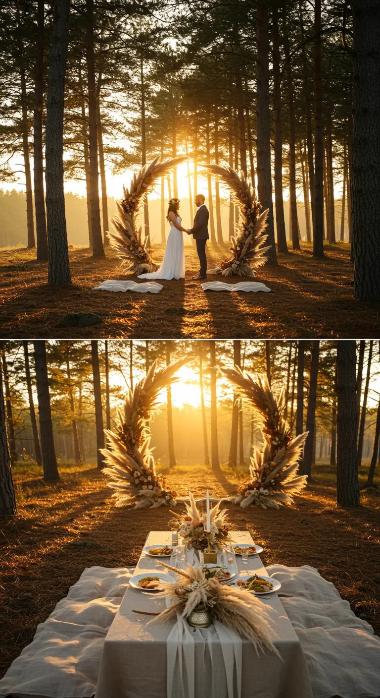 A circular wedding arch of pampas grass glowing in the sunset.