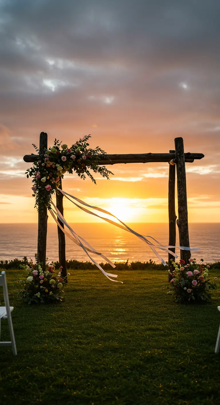 A wooden arch on a cliff at sunset, with long ribbons blowing in the wind.