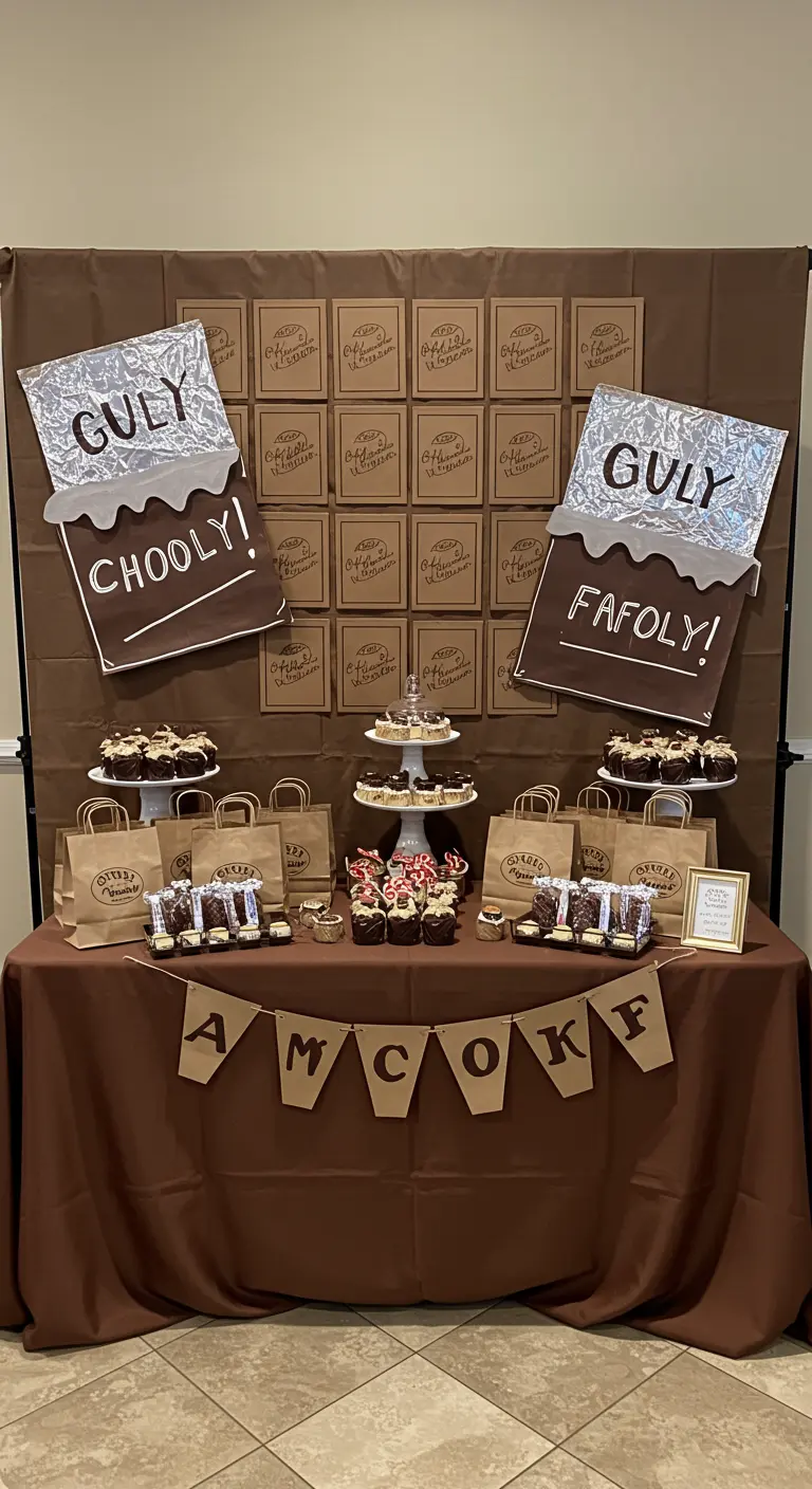 A party backdrop decorated to look like giant chocolate bars.