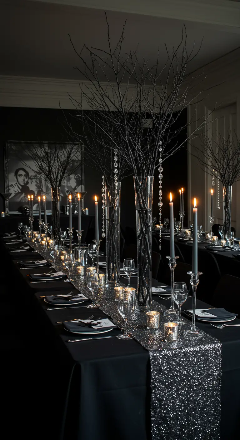 A dramatic, elegant black-themed dinner table with silver and candlelit accents.