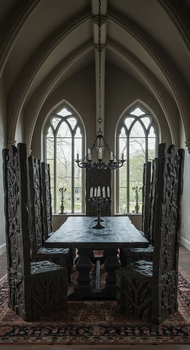 A dramatic dining room with high-backed carved wood chairs and a large wood table.