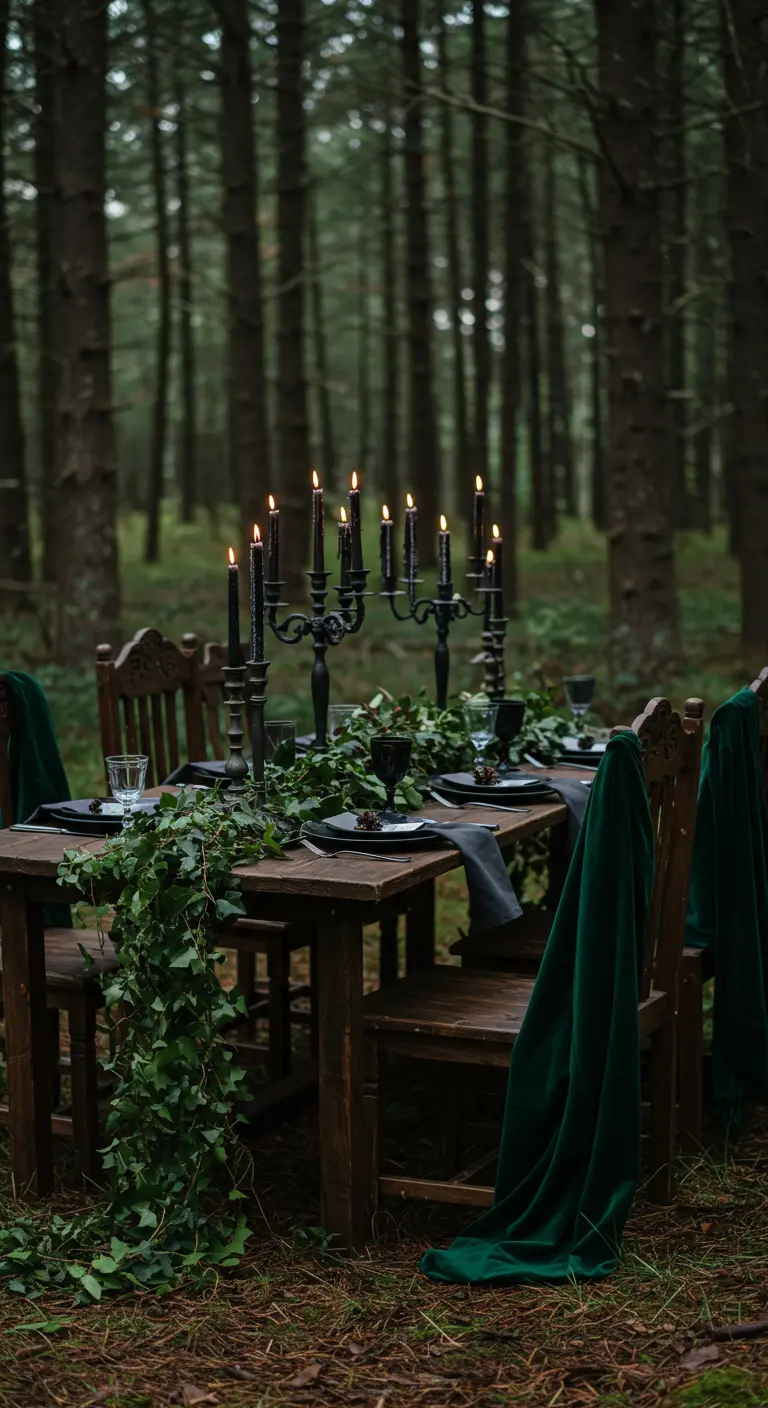 A dark, moody table setting in a forest with black candelabras and deep green velvet drapes.