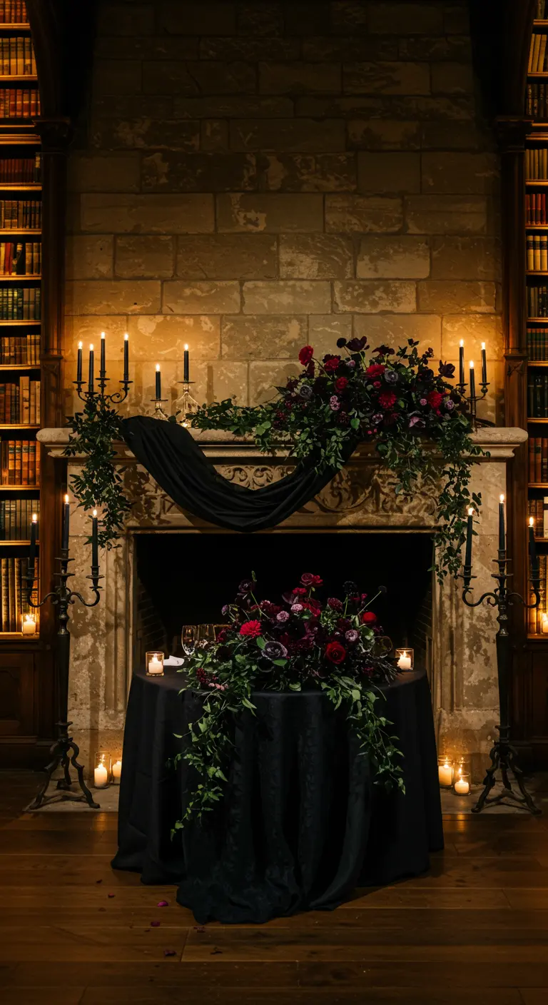 A stone mantel decorated with dark red flowers, black candles, and a black cloth.